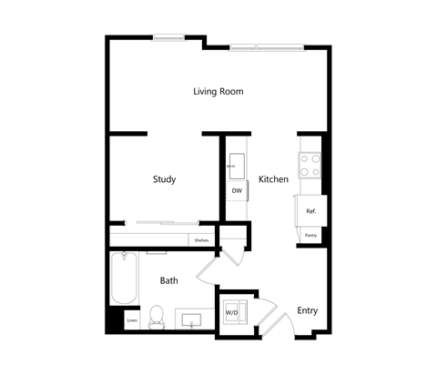 Floor plan for 1 bed, 1 bath, 609 sqft